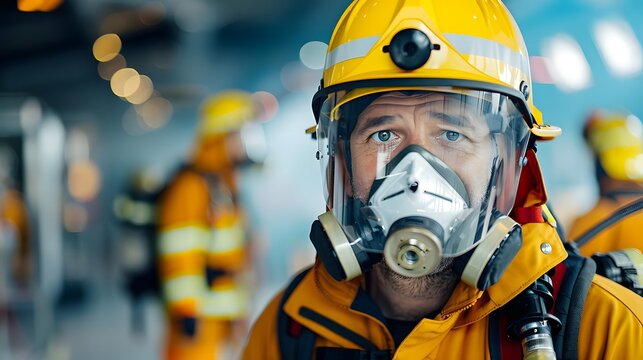 Close-up of a firefighter in full protective gear and respirator during an emergency response, with colleagues working in the background.