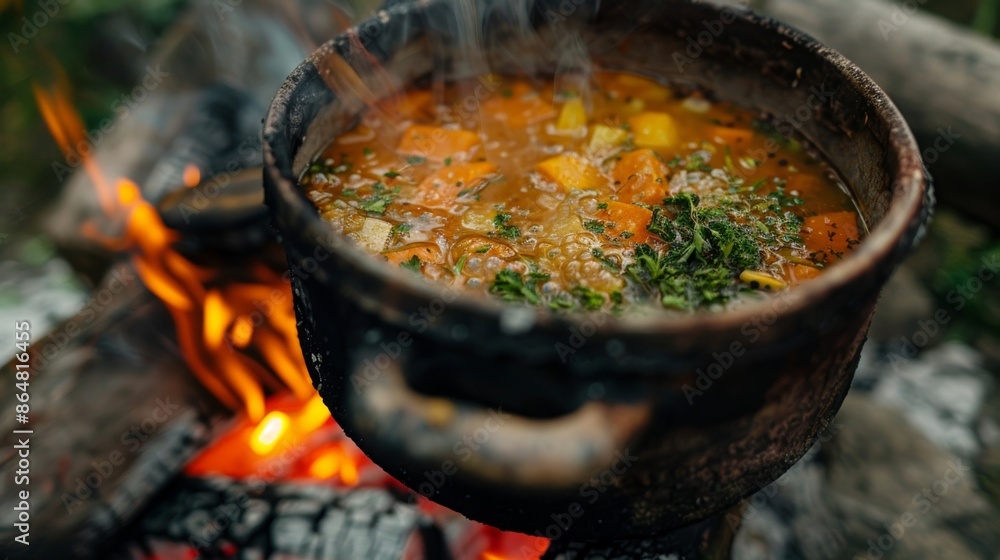 Poster the soup is slowly cooked over an open fire infusing the flavors of the forest into every sful.
