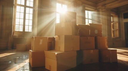 Moving boxes stacked in sunlit room with large windows, relocation and moving services background. Cardboard boxes in empty room , ideal for moving company ads, real estate listings, home staging.