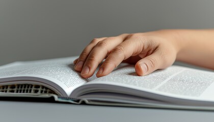 A person's hand gently rests on an open book with visible text on the pages, symbolizing learning, knowledge, and the importance of literacy and education in human development.