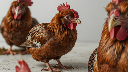 Fototapeta premium The image shows three brown chickens, one facing the camera. They are standing on a light-colored surface.