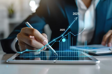 Businessman Using Digital Tablet to Draw 2025 Growth Graph - Ultra Realistic Photo of Market Performance and Success Strategy"