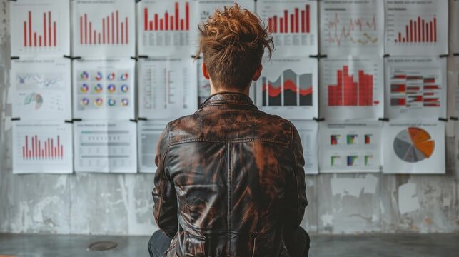 Punk customer in edgy costume analyzing business growth data in minimalist setting