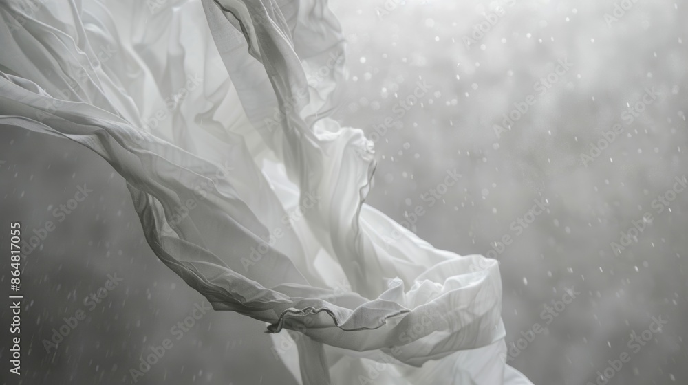 Poster a single length of white fabric is tossed violently back and forth a stark contrast to the muted gre