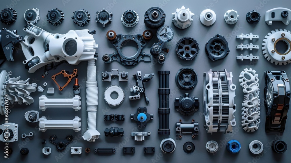 Aufkleber a collection of 3d printed robot parts laid out for assembly, demonstrating precision engineering an