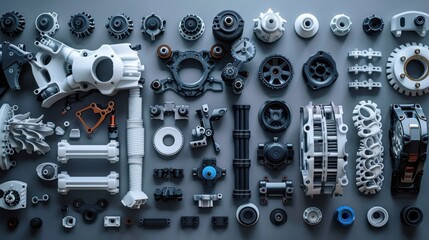 Fototapeta premium A collection of 3D printed robot parts laid out for assembly, demonstrating precision engineering and modern robotics technology.