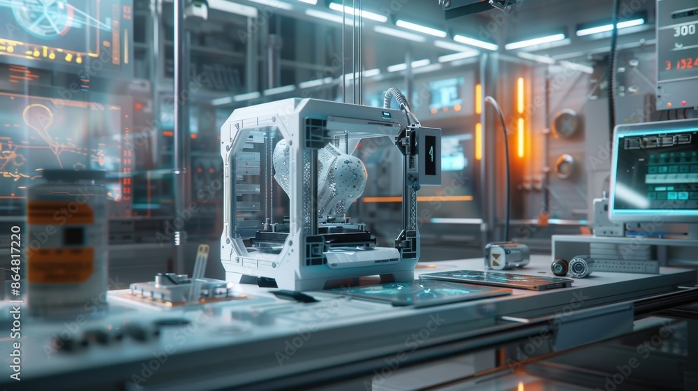 Poster a futuristic 3d printer creating components for space exploration, set against a backdrop of high-te