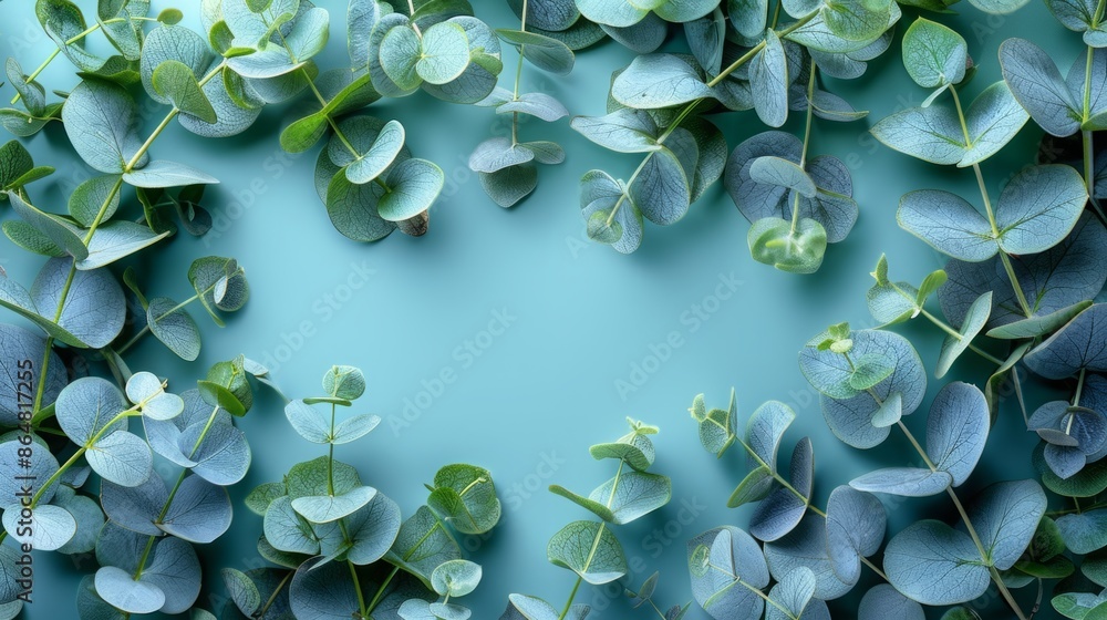 Aufkleber A flat lay image of eucalyptus leaves arranged in a frame on a blue background. The leaves are a light green and are arranged in a circular pattern.