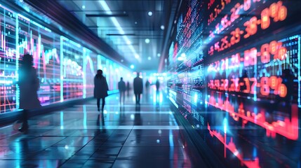 Silhouettes walking by digital stock market data displays, depicting financial trends and futuristic investment concepts.