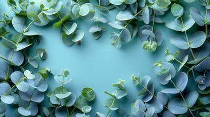 A flat lay image of eucalyptus leaves arranged in a frame on a blue background. The leaves are a light green and are arranged in a circular pattern.