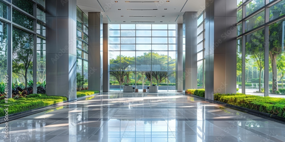 Poster high-definition sharp focus captures the modern lobby's sleek architectural design, flooded with nat