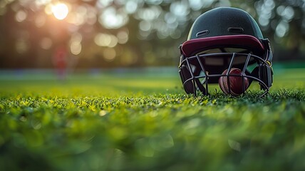 Fototapeta premium Baseball helmet and glove on a lush green field