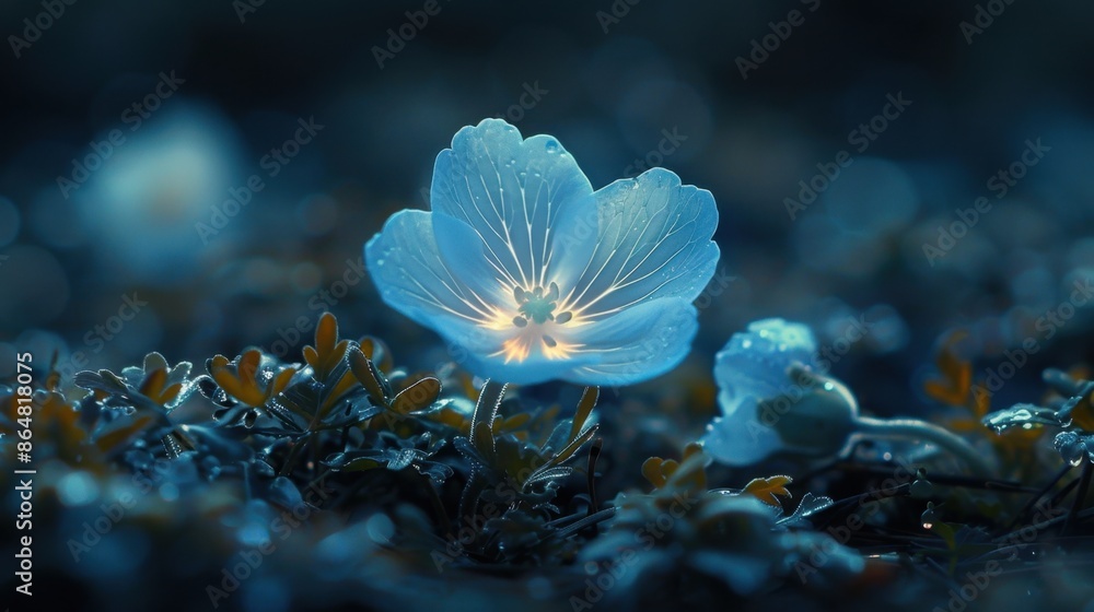 Poster in a simple, dark background, a bioluminescent bloom emits a gentle glow, creating a mystical and en