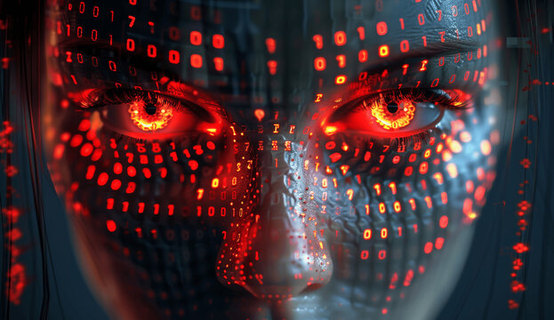 3D Render of Red Glowing Binary Code Face Cyberpunk Background Artificial Intelligence Evil AI Threat Digital Cyborg Technology Virus Robot Self Aware Malignant Computer Code Risk