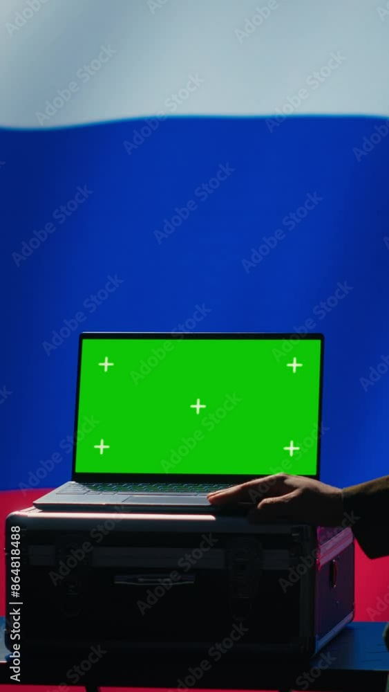 Poster vertical video russian ex kgb fsb service using radar on green screen laptop to detect missiles atta