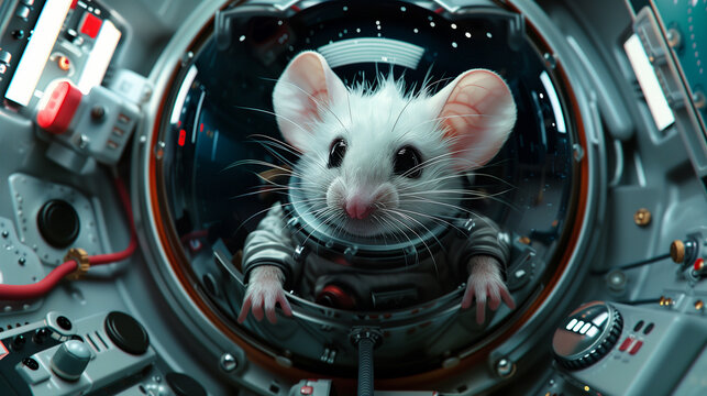A close-up of an adorable mouse in a spacesuit inside a space station. - Powered by Adobe