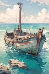 Obraz premium Rustic sailboat with aged sails navigates calm turquoise waters under a bright blue sky, reflecting a serene maritime journey.