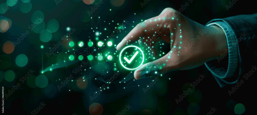 Poster businessman touching check mark icon on virtual screen representing quality service and customer sat
