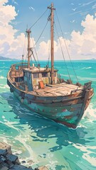 Obraz premium Rustic sailboat with aged sails navigates calm turquoise waters under a bright blue sky, reflecting a serene maritime journey.