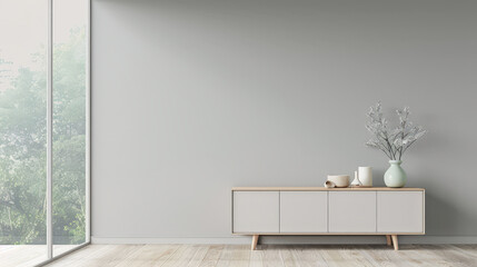 Elegant luxury interiors composition with a stylish sideboard next to a window providing natural lighting and minimal or no furniture. Premium residential Real Estate advertising.