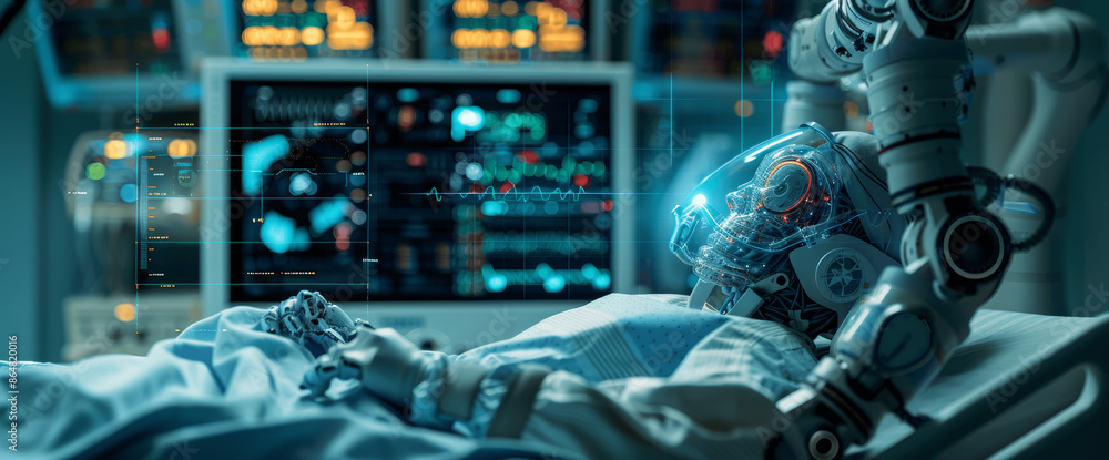 Poster futuristic robotic arms in precision surgery with holographic display in advanced operating room for