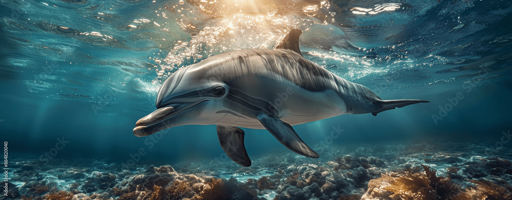 Wall mural Beautiful Dolphin Swimming Underwater with Sunlight Beams and Bubbles in Crystal Clear Ocean