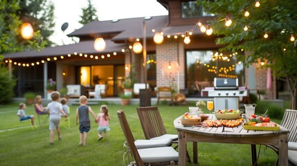 Festive family barbecue in a suburban backyard with kids playing, grill smoking, and string lights at dusk