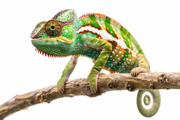 Obraz premium Colorful chameleon sitting on a branch in a tropical forest with its head turned to the side, blending into natural surroundings