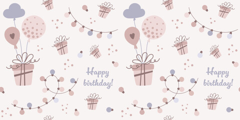 Children's seamless pattern for birthday, wallpaper, fabric, bed linen design. Illustration of balloons, gift box, garland in cartoon design. Vector illustration.
