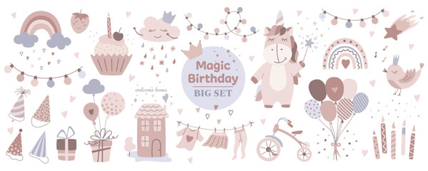 Children's birthday elements set in cartoon design. Festive birthday elements collection in flat style. Vector illustration.
