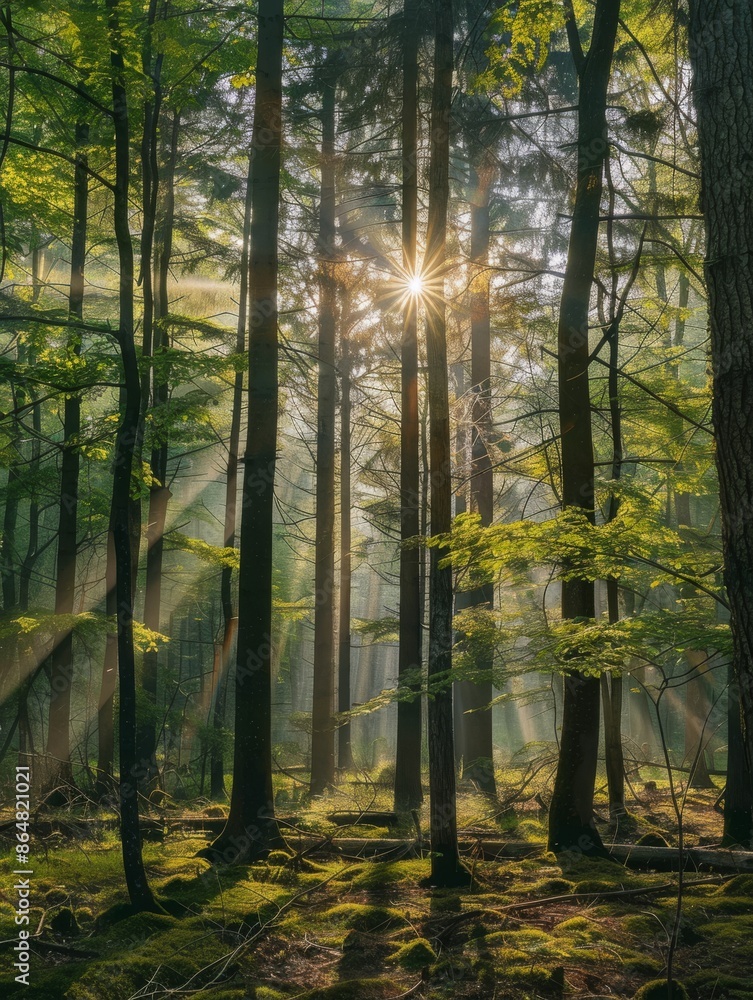 Poster sunbeams filtering through trees in a dense forest