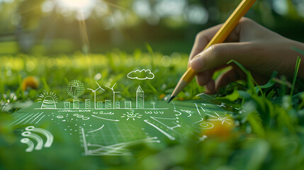Hand-painted green energy symbols on lush grass convey sustainable business practices, green tech innovations, and eco-friendly workspaces