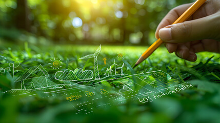 Hand-painted green energy symbols on lush grass convey sustainable business practices, green tech innovations, and eco-friendly workspaces