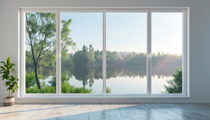 Design ideas for windows for maximizing natural light, house, apartment, design, architecture, interior, windows, glass doors, daytime, light, ornamental plants, curtains, sky, sunlight, AI-generated.