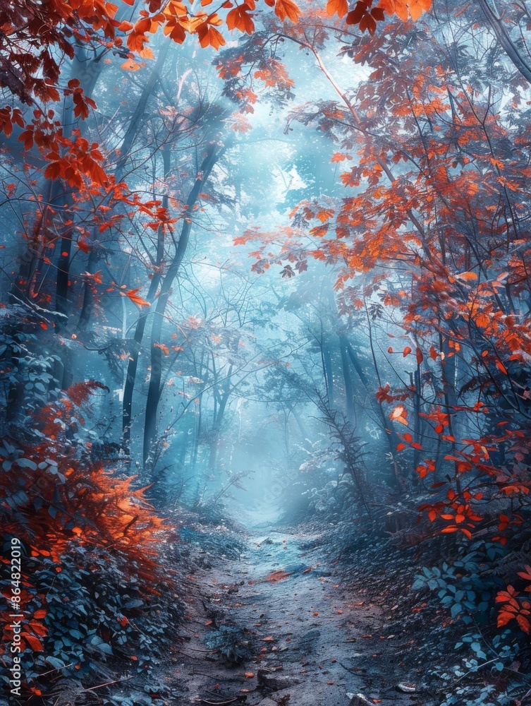 Poster mystical forest path with red leaves and fog in autumn