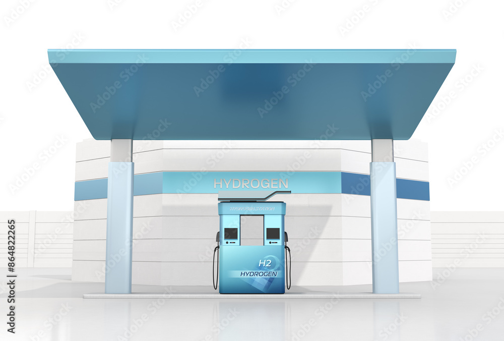 Poster front view of fuel cell hydrogen refueling station. generic design. 3d rendering image.