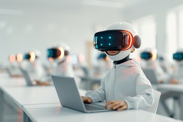 Metaverse classroom with AI tutor assisting students, [AI in education], [personalized learning]