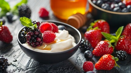 A bowl filled with ripe handpicked berries and topped with a dollop of creamy yogurt next to a jar of locally sourced honey.