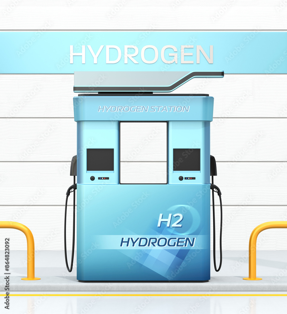 Poster front view of fuel cell hydrogen refueling station. generic design. 3d rendering image.