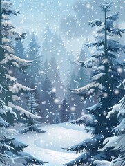 Obraz premium Snowy Forest Landscape With Falling Snow on a Winter Day