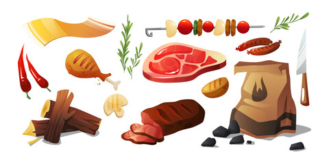 BBQ party food set isolated on white background. Vector cartoon illustration of grilled steak, chicken, vegetables on skewer, chili and mushrooms, firewood and coal package, blanket for summer picnic