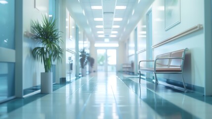 Fototapeta premium A serene hospital hallway with calming blue walls. 