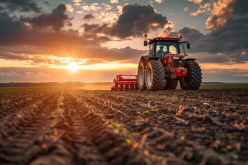 Obraz premium The tractor at work - plowing the field to ready it for crops, a symbol of agricultural progress and the relentless effort of farmers to ensure productive harvests.