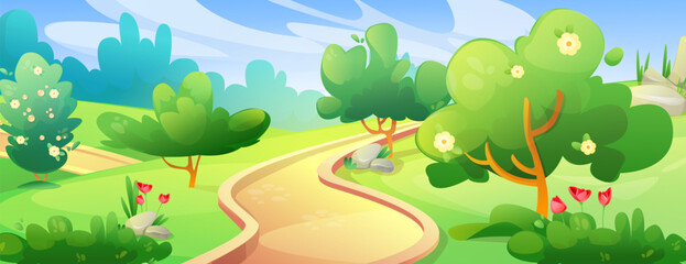 Obraz premium Summer or spring garden or park landscape with green trees and bushes, grass and flowers, stones and path road on sunny day. Cartoon vector countryside forest landscape with greenery and woods.
