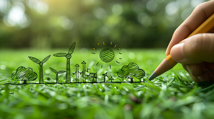 Hand-painted green energy symbols on lush grass convey sustainable business practices, green tech innovations, and eco-friendly workspaces