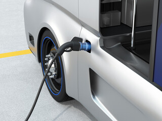 Close-up view of Fuel Cell Truck refueling in Hydrogen Station. 3D rendering image.