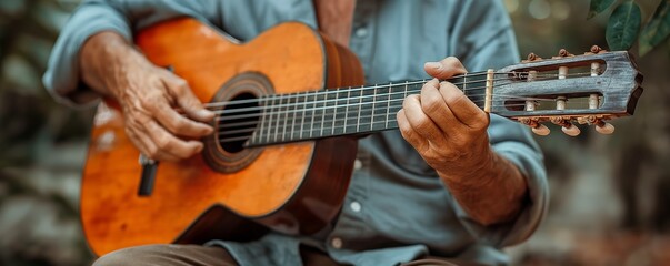 Fototapeta premium Close-up image of a person playing an acoustic guitar, with focus on hands and guitar strings, musical concept