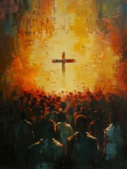 A Crowd Gathers Before A Cross Under A Golden Sky