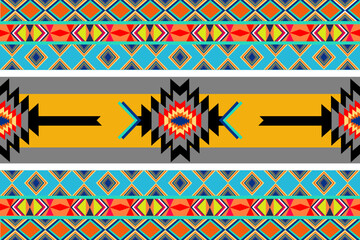 Orange, yellow, and blue of geometric patterns that are traditional, ethnic, Navajo, or Native American Indian. designs for clothing, curtains, carpets, sarongs, Hmong, and fabric edges.