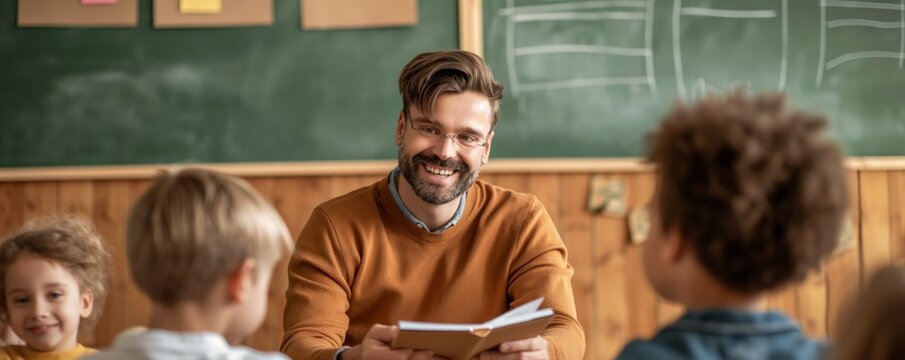 A smiling teacher reads a book to engaged children in a classroom setting, fostering a love for stories, promoting literacy, and creating a joyful learning experience.